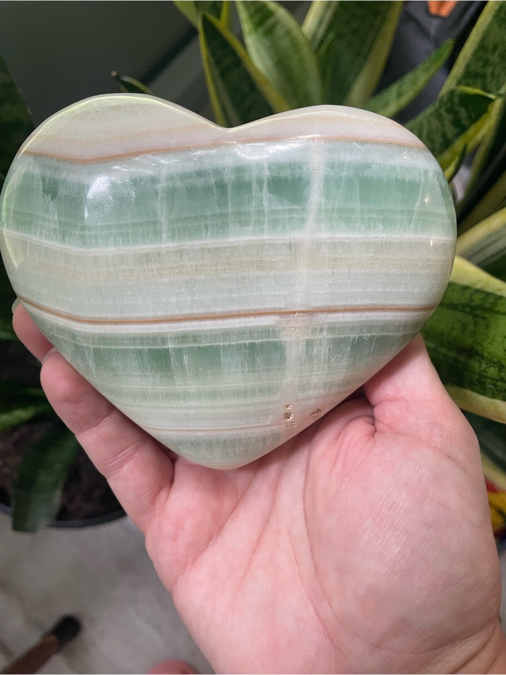 Green and Cream Banded carribean calcite polished large  Heart crystal
